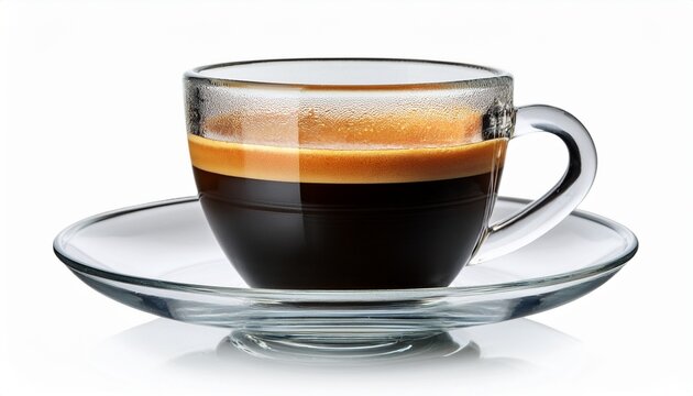modern glass expresso cup and saucer full of smooth expresso coffee isolated on white background or