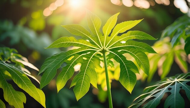 papaya leaves and tendrils illuminated by soft sunlight creating a natural botanical pattern
