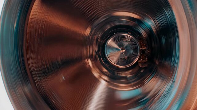 Inside a metallic ventilation duct with a spinning zone damper. Industrial HVAC system with reflective surfaces. Mechanical air flow control technology