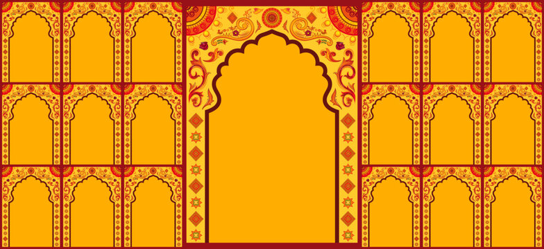 Set of windows Beautiful Arch small and Big Design with Indian Rajasthani fort and Culture. Wedding Backdrop and other uses. Abstract Indian floral rug design, Persian carpet, tribal texture, Vector.