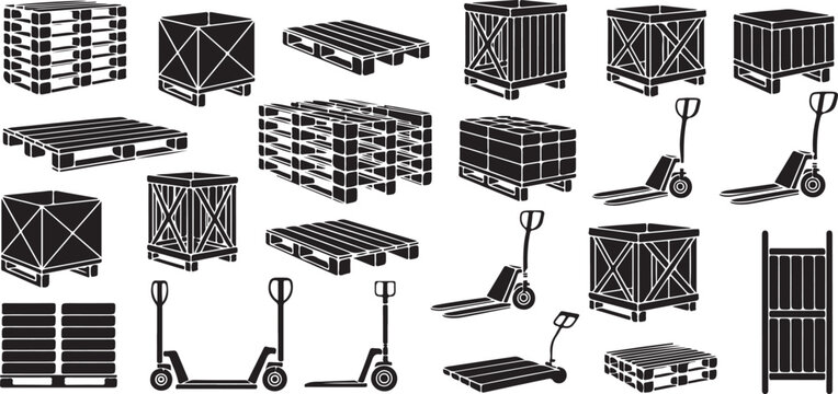 Warehouse logistics set featuring wooden pallets shipping crates and manual pallet jacks isolated on gray background for shipping.