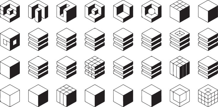 Isometric cube collection featuring various geometric cutouts grid patterns and segmented structures for technical 3d space layouts.