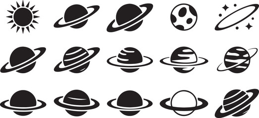 Solar system planets and rings collection featuring diverse orbital bodies and sun celestial sphere icons for space studies. © Kamrun82