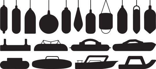 Assorted nautical buoy and marine boat hull silhouettes representing various maritime safety and water vessel shapes for sea navigation. © Kamrun82