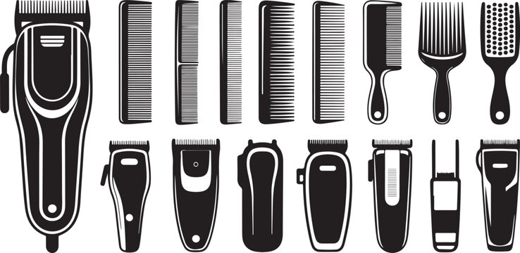 Professional hair grooming tool collection featuring multiple clipper and comb silhouettes displayed as black icons on transparent field.