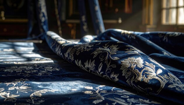 Ornate embroidered brocade fabric featuring a deep blue floral motif with silver accents, showcasing luxurious textile detail.
