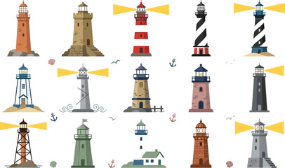 Obraz premium Vintage lighthouse collection featuring coastal beacons, maritime navigation towers, seaside landmarks, and nautical architecture vector illustrations