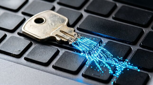 A silver key on a black computer keyboard with blue binary code flowing out