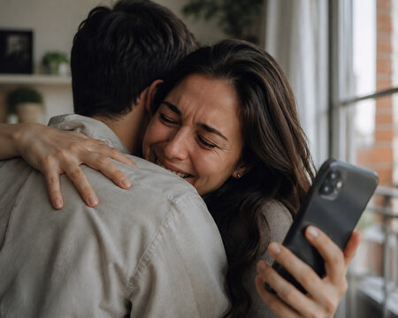 Emotional reunion after video call as woman hugs partner while holding smartphone at home