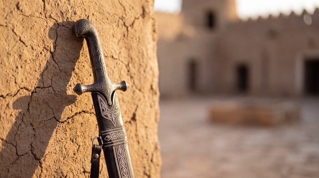 Traditional Arabic sword with engraved silver hilt leaning on mud wall