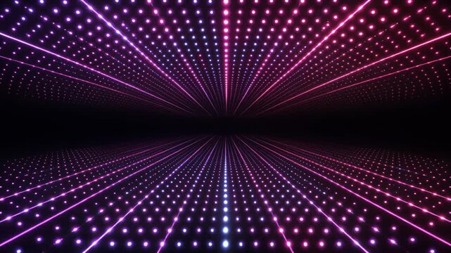 黒背景に無数の鋭いマゼンタ粒子が輝くミニマルなシンセウェイヴグリッド