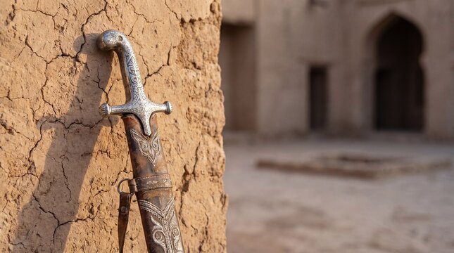 Antique Arabic sword with silver hilt and weathered brown sheath leaning on mud wall