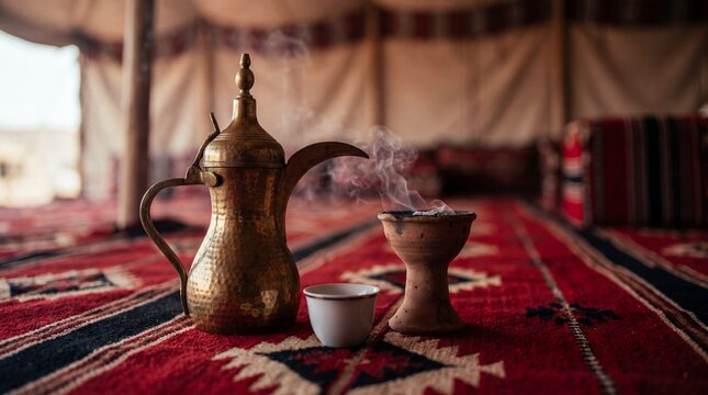 Traditional arabic coffee pot dallah with incense burner inside tent
