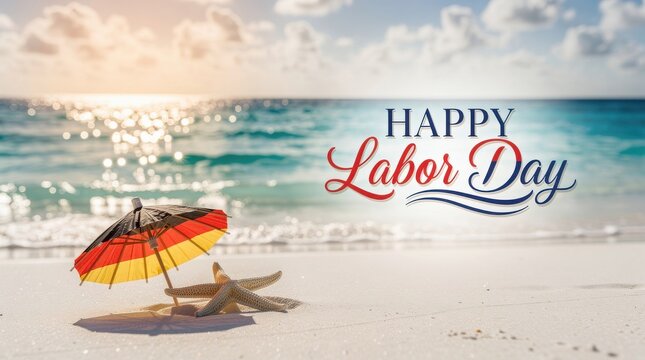 Happy Labor Day greeting on tropical beach, summer holiday celebration with starfish and sun umbrella, seasonal vacation background for American workers
