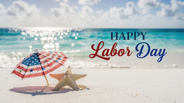 Happy Labor Day greeting on sunny beach, patriotic American flag umbrella and starfish on white sand, tropical summer holiday background