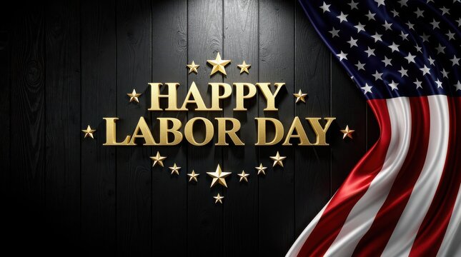 Happy Labor Day greeting with gold 3D text, American flag on black wooden background, patriotic holiday celebration banner with golden stars