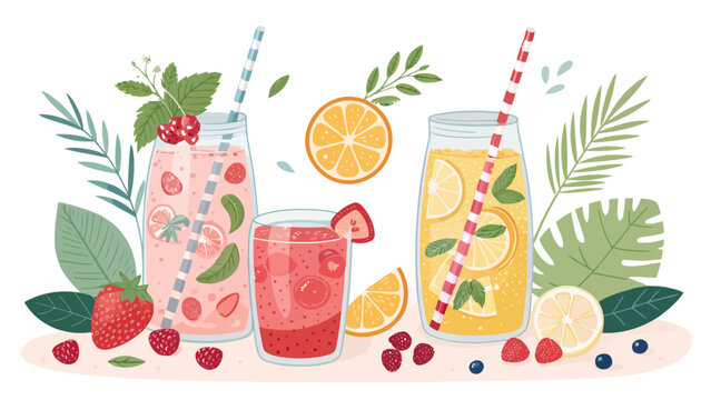 Summer refreshing fruit drinks, smoothies and lemonade with berries, citrus slices and mint leaves, vector illustration