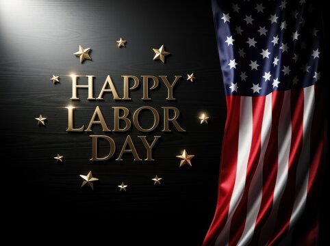  Happy Labor Day greeting with golden 3D text, American flag on dark background, patriotic holiday celebration banner with metallic stars
