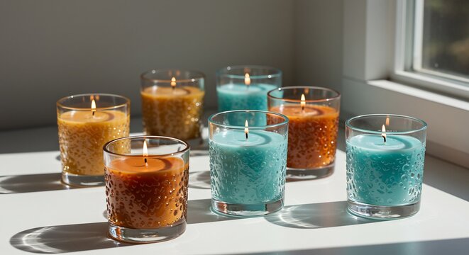 Seven colorful lit candles in textured glass creating a warm glow with bright sunlight streaming in. AI Generated