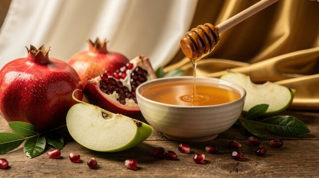  Rosh Hashanah traditional food still life, honey bowl with wooden dipper and red pomegranates, fresh green apple slices on rustic wooden table