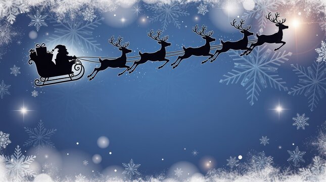 Christmas silhouette of Santa Claus in sleigh with reindeer, blue winter background with snowflakes, festive holiday greeting card with copy space