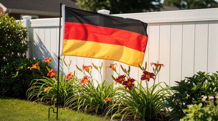 German flag hanging on white garden fence, national flag of Germany in backyard with orange lilies, patriotic display in residential garden