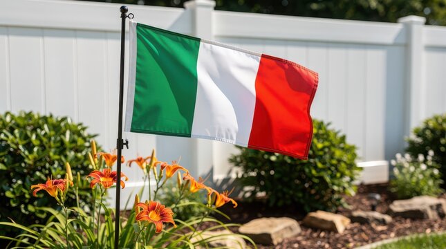 Italian flag waving in a sunny backyard garden, national flag of Italy on a flagpole, green white and red tricolor banner in a residential landscape