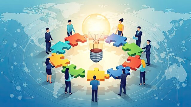 Teamwork and innovation people assembling puzzle pieces around lightbulb