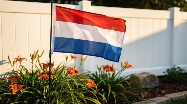 Netherlands flag waving in a backyard garden, Dutch national flag with red white and blue stripes, Holland flag displayed by a white fence with orange lilies