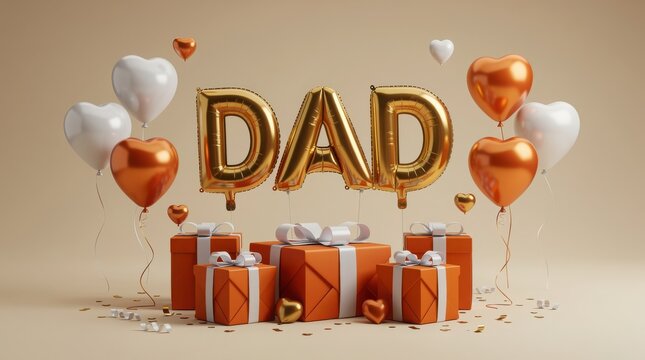  Father's Day celebration background with gold DAD foil balloons, orange gift boxes with white ribbons, festive heart balloons for dad birthday