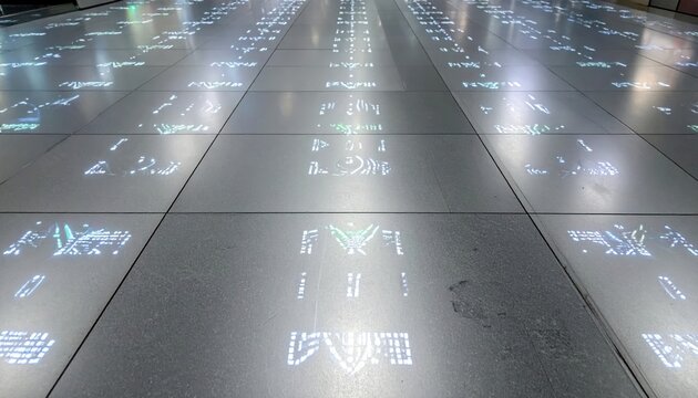 Pulsating array of light emitting diodes embedded in a seamless floor panel display showcasing futuristic technology