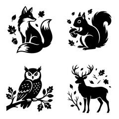 Obraz premium Autumn forest animals fox squirrel owl deer with fall leaves