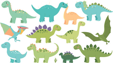 Cute Dinosaur Cartoon Character Vector Set with Stegosaurus Brachiosaurus and Pterodactyl Flying Reptile Symbols for Kids Book Nursery Graphic Designs © Roymohan