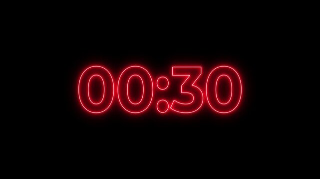 60 Seconds countdown timer animation, neon number countdown 60 to 0, one minute timer video, black screen background, 4k motion graphics, digital clock style live stream and presentation opener.