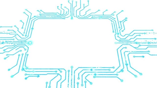 Abstract glowing blue circuit board pattern with empty space for text on a white background