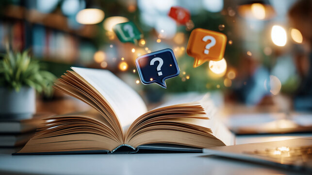 A wide shot of a calm knowledge guide book resting softly open on a bright desk with question tag icons floating above knowledge book faceless still softly defocused backdrop