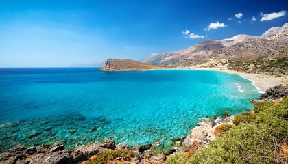 Obraz premium clear blue sea and mountain coast at gianiskari beach crete