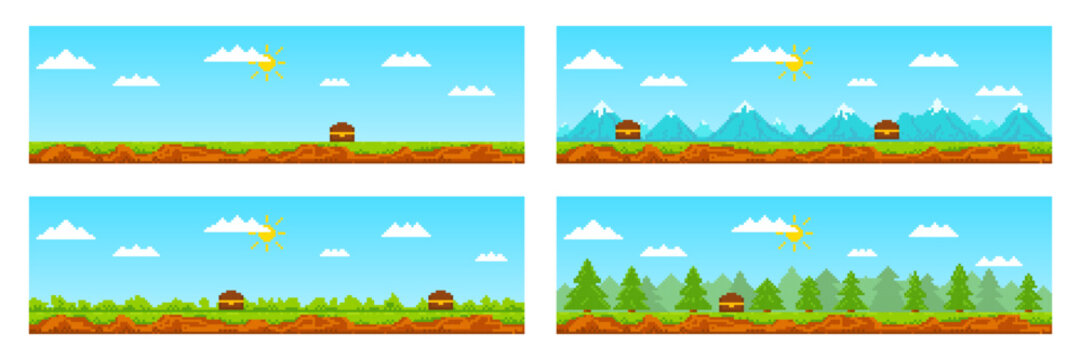 Game pixel levels. Pixel game scenes with sky, clouds, sun, mountains, trees, earth to create various and levels in games. Pixel art game background. 8 bit game scenes with natural challenges.