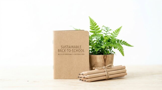 Eco friendly back to school supplies featuring recycled notebook wooden pencils and potted green plant.