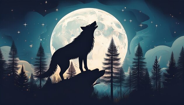 stylized wolf howling at full moon in forest landscape