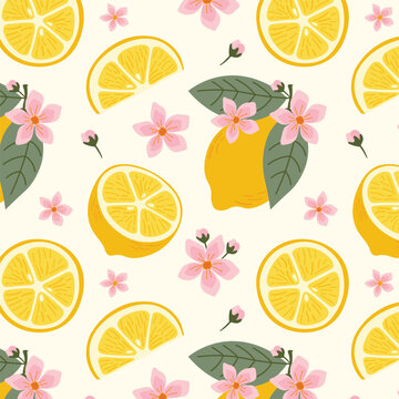 Lemon with Pink Blossoms Seamless Pattern
