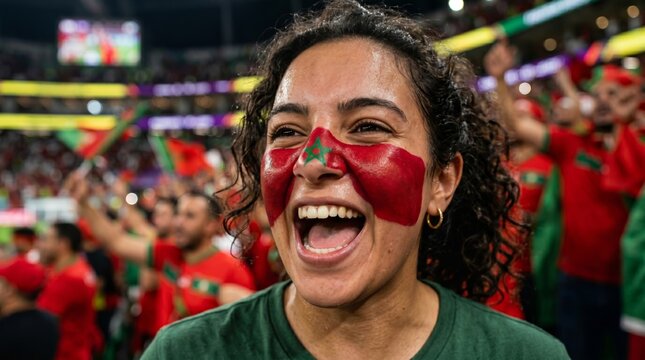 Cheerful Moroccan football fan with red and green face paint celebrating in a crowded stadium.