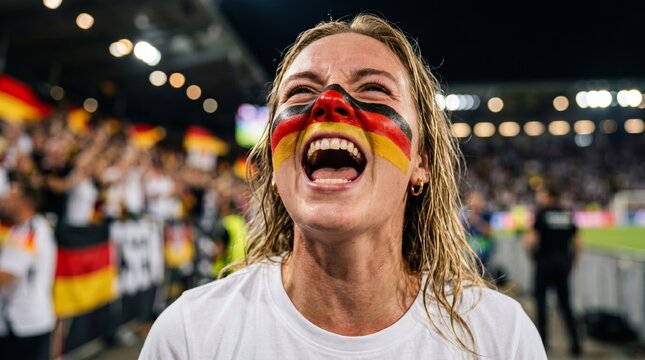 Joyful female Germany football fan with striped face paint cheering ecstatically during a game.