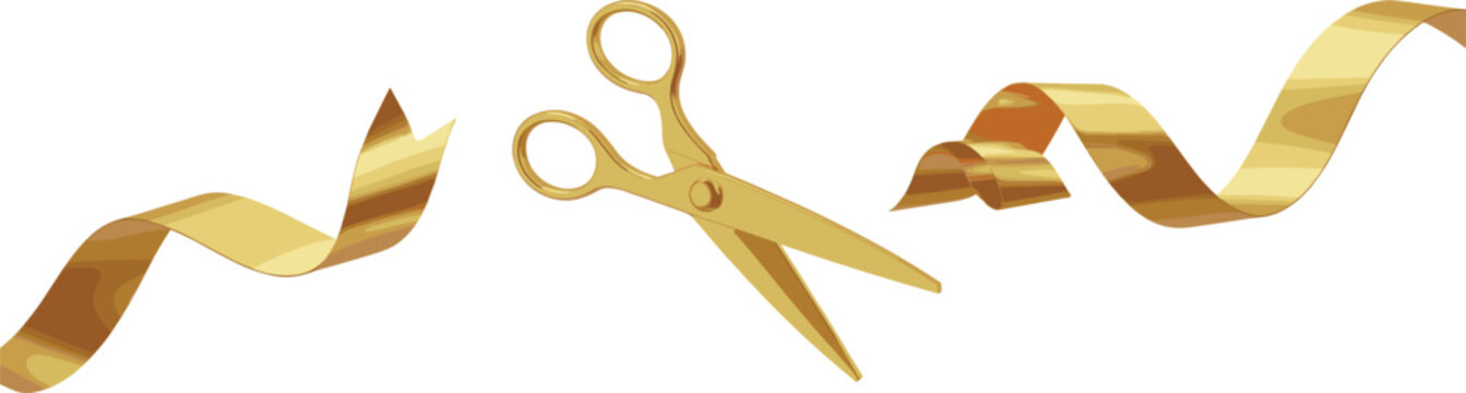 Gold ribbon and scissors for a grand opening ceremony on white Keywords: gold, ribbon, scissors, grand opening, ceremony