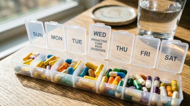 Weekly pill organizer filled with colorful capsules and tablets