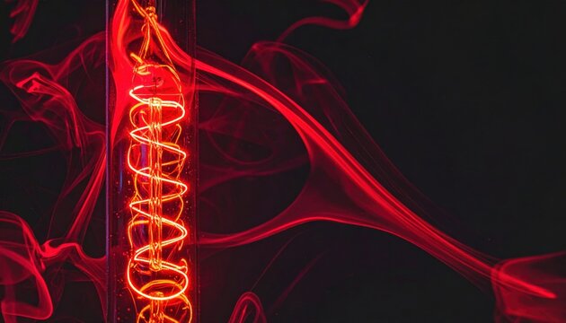 Vibrant red neon gas swirling within a stylized glass tube, creating an abstract electric light effect against a dark background.