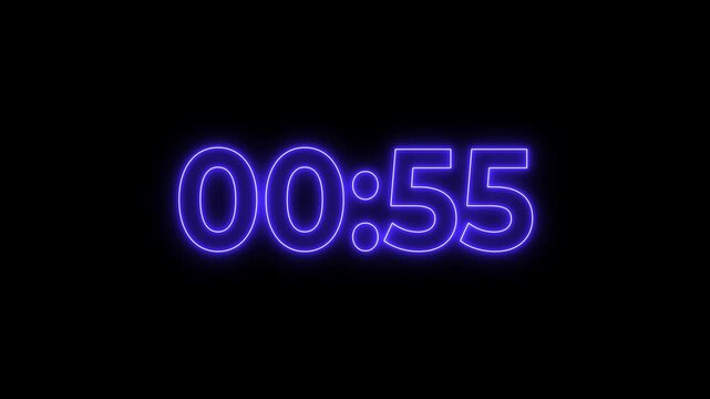 1 Minutes countdown timer with black background. 4K UHD countdown animation. Digital clock timer 1:00 to 00:00. no Sound.
