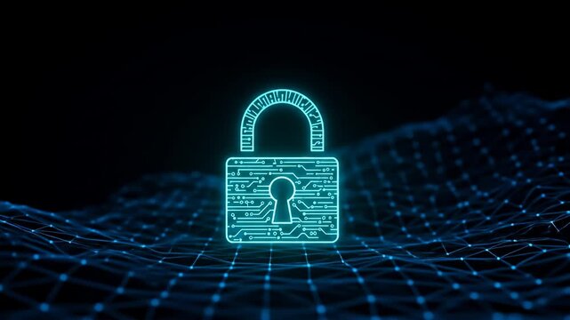 Digital, blue padlock glowing above a network of connected points against a dark background