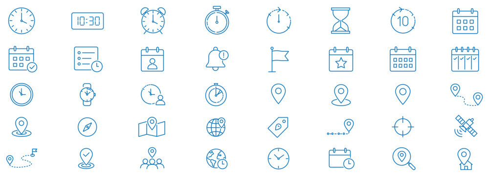 Time, date and address line icon set. Clock, calendar, location pin. Editable stroke. Vector illustration.	
