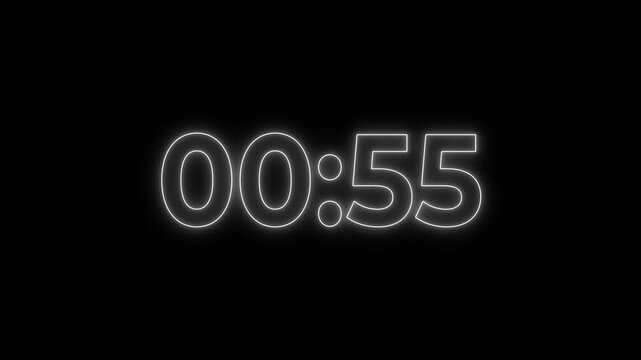 1 Minutes countdown timer with black background. 4K UHD countdown animation. Digital clock timer 1:00 to 00:00. no Sound.